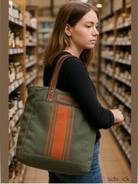 Maika Canvas & Leather Tote Bag Green Stripe Travel Weekender 16x13